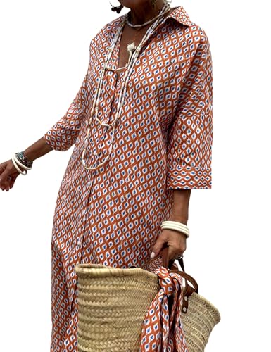 Image of MSBESYOR Women Button Down Striped Shirt Maxi Dress Casual Lapel 3 /4 Sleeve Belted Loose Vacation Long Dresses Orange