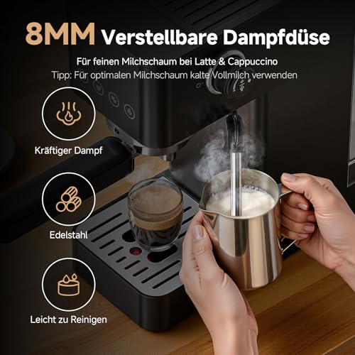 AMZCHEF Siebträgermaschine 20 Bar, Espressomaschine Klein, 1350W, Schwarz – Ansicht 5