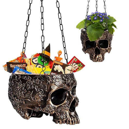 Halloween Hanging Skull Planter Pot with Chain & Hook Gothic Skeleton Candy Bowl Trick or Treat Bucket Spooky Skull Flower Pot Creepy Horror Home Decor Outdoor Indoor Garden Decoration 6 Inch Bronze