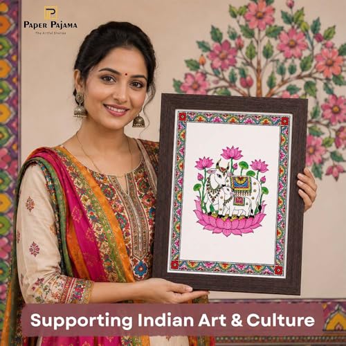 Image of PAPER PAJAMA Vastu Kamdhenu Cow and Calf Wall Art for Living Room | Madhubani Sacred Cow Painting with Lotus | Traditional Mithila Framed Decor for Home, Office & Pooja Room (10x13 Inches)