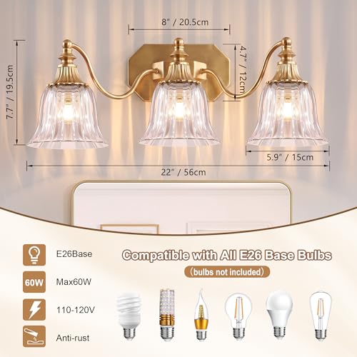 Image of Gold Bathroom Light Fixtures, 3-Light Vintage Bathroom Vanity Light, Antique Brushed Gold Lighting Fixtures Over Mirror, with Crystal Glass Shades, Wall Lighting Sconces for Bathroom Bedroom