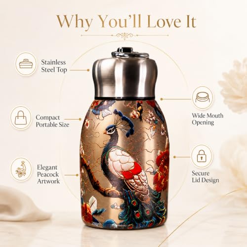 Image of Mini Stainless Steel Insulated Water Bottle 300 ml, Double Wall Vacuum Thermal Flask, Leak-Proof Travel Bottle with Peacock Print Design, Portable Hot & Cold Drink Bottle, Pack of 1
