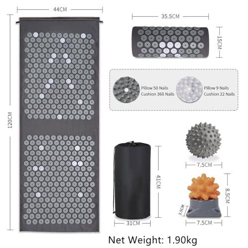 Loboo Idea XL Acupressure Mat and Pillow Set, Extra Long Yoga Acupressure Mat Set for Neck and Back Pain Relief, Stress Relief Gifts for Man and Women (Grey, Extra Large) - Image 3