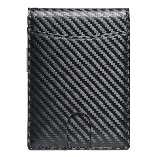 Image of Slim Bifold Wallet for man with Money Clip - RFID Blocking, Multiple Credit Card Pockets - Sleek and Versatile Design - Genuine Leather - Ideal for Cash and Cards (Carbon Fiber Black - Red)