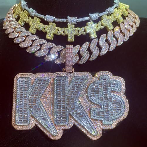 ICEDIAMOND Custom 18K Baguette CZ Diamond Nameplated Pendant Necklace, Gold Plated Hip Hop 2-Layer Letter Jumbo Pendant Customized Chain Necklace for Men4