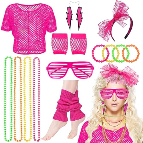 Mailfull 80 90er Jahre Outfit Damen Set Neon Party Outfit mit Netzoberteil Beinwärmern Netzhandschuhe Stirnband Halskette Armband Ohrring für...