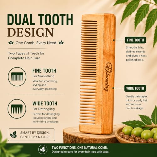 Image of Neem Wooden Comb Set | Dual Tooth Hair Comb, Handle Comb & Beard Comb Combo for Women & Men | Wooden Detangling & Grooming Comb Set | Smooth Rounded Teeth | Pack of 3