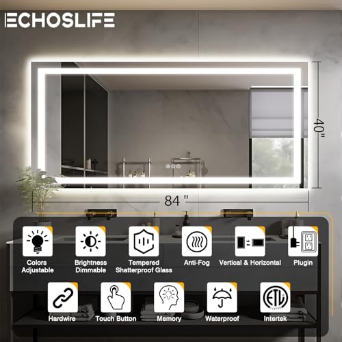 Large 84"x40" Light up Bathroom Mirror with Front Lit and Backlit, Anti-Fog Vanity Mirror with Lights, Stepless Dimmable Lighted Mirror, 3 Colors Smart Mirror (Horizontal/Vertical)