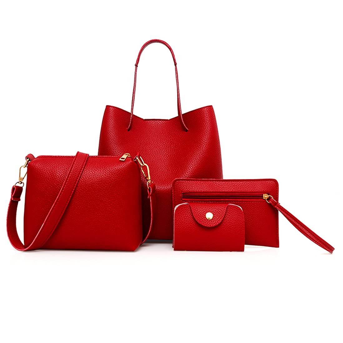 Women‘s Handbag,4 Pcs Bags Set Bucket Bag Totes Satchels Crossbody Shoulder Bags Purse Clutch,Wallets,Card Cases (Red)