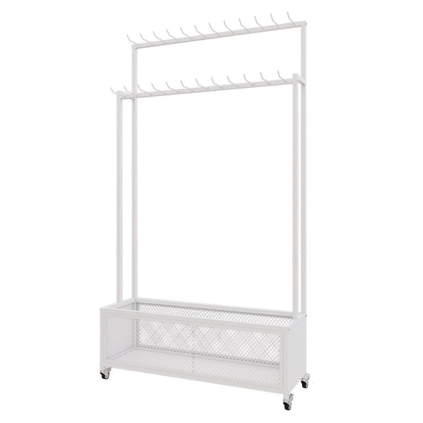 Porte-ceintures commercial à roulettes blanc de 90cm avec panier en filet pour magasin