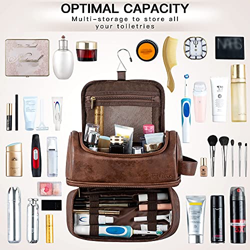 Elviros Toiletry Bag, Mens Leather Travel Organizer Kit with hanging hook, Large Water-resistant Toiletries Bathroom Shaving Bags for Women (Dark Brown) 4 Elviros Toiletry Bag, Mens Leather Travel Organizer Kit with hanging hook, Large Water-resistant Toiletries Bathroom Shaving Bags for Women (Dark Brown)