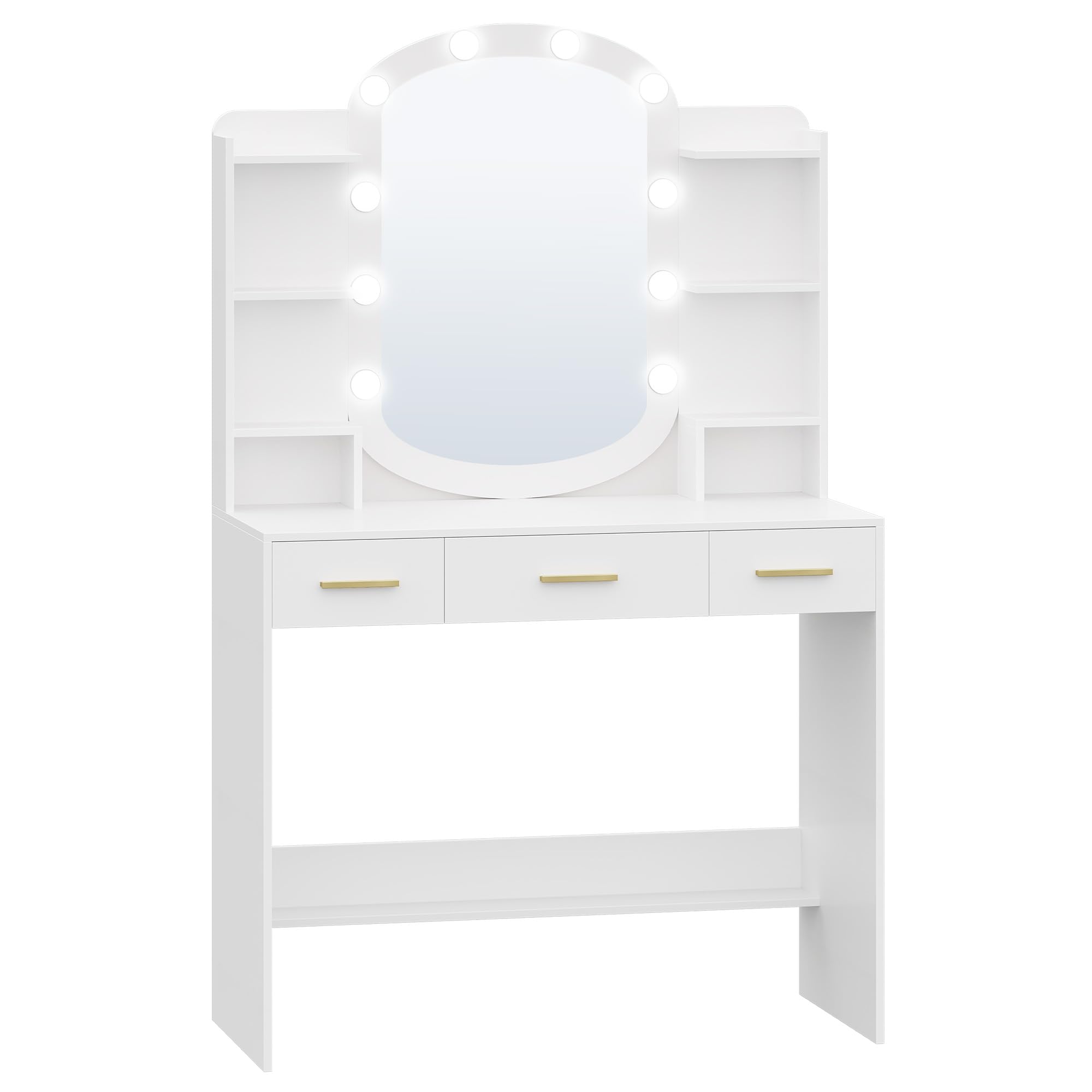 HEXCELEN 90 cm Coiffeuse avec Miroir Ovale, Coiffeuse avec Miroir LED à Luminosité Réglable, Table de Maquillage, 3 Tiroirs avec 6 Étagères Ouverts, Blanc