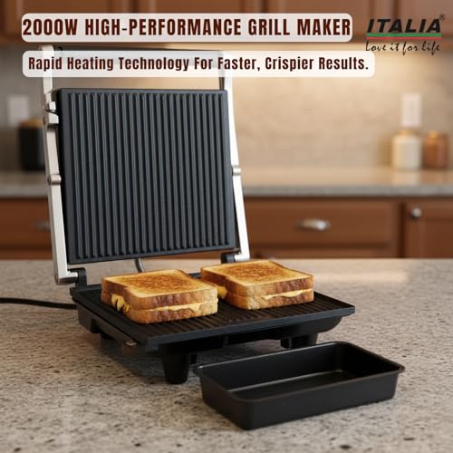 Image of ITALIA 2000W High-Performance Grill Maker | Rapid Heating, Non-Stick Plates, Stainless Steel Body, Safety Lights, Cool-Touch Handle, Multi-Purpose Sandwich & BBQ Griller | 1 Year Warranty