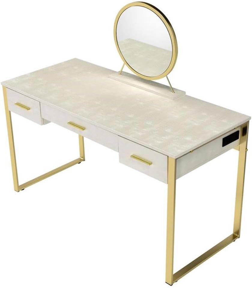 Acme Myles Vanity Set with USB Port in Antique White and Champagne Metal