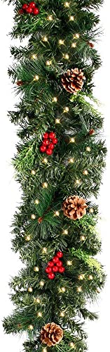 1.8M/6FT Christmas Garland Decorations Artificial Decorated Garland with 30 LED Lights Cones,Red Berries for Walls Stairs Fireplaces Xmas Wreath Decorations (with Lights, 1.8M/6FT)