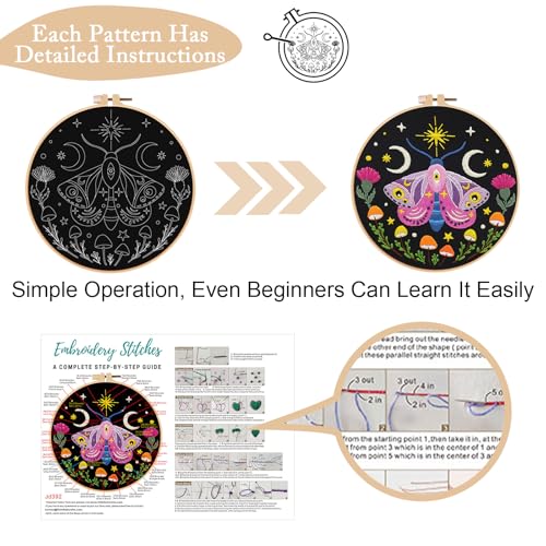 Image of Nuberlic 3 Pack Embroidery Kit for Adults Beginners, Stamped Cross Stitch Moth and Bee Patterns with Hoop, Thread, Needles & Step-by-Step Guide Easy DIY Starter Kit