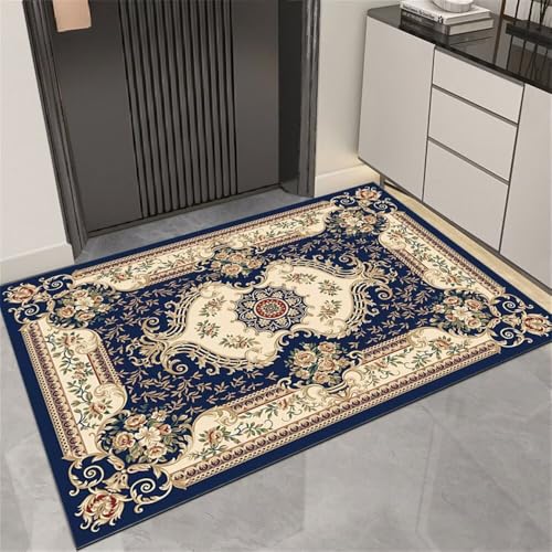 Kunsen Alfombra Lavable 160x230cm Azul Naval,Alfombra Grande Patrones de Flores Retro Lavables para Habitacion Bebe,Habitación Matrimonio,Cocina