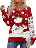 Saodimallsu Pull de Noël pour femme Sweater Pull de Noël Manches longues Col en V Pull tricoté Bonhomme de neige Hiver Pull chaud en tricot pour Noël, rouge, L