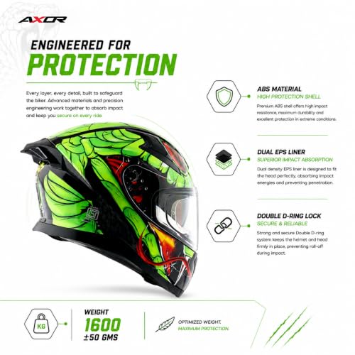 Image of Axor Apex Venomous ISI ECE DOT Certified Full Face Dual Visor Helmet for Men and Women with Pinlock Fitted Outer Clear Visor and Inner Smoke Sun Visor Black Neon Green(XL)
