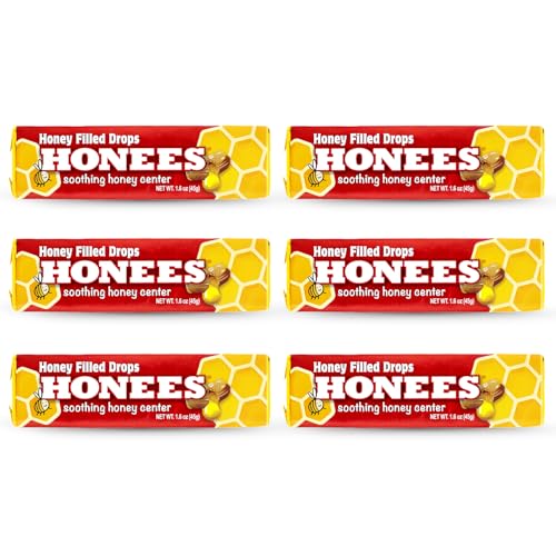 Honees Honey Filled Drops Honey Cough Drops with Real Honey-Natural Sore Throat Relief-Nothing Artificial-Throat Coat Lozenges Natural Cough Suppressant Non-GMO (6 Pack 54 Drops)