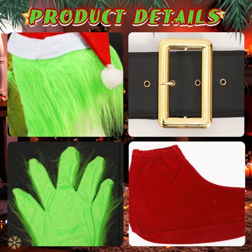 SINSEN Weihnachtsmann Kostüm für Erwachsene 7 Teile Weihnachten Grün Großes Monster Kostüm Erwachsene Weihnachts Cosplay Luxus Weihnachtsmann Anzüge Outfits