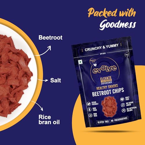 Image of Evolve Beetroot Chips | Healthy Snack for Kids & Adults, Gluten-Free, Vacuum-Fried, Natural & Crispy Vegetable Chips | 100g (Pack of 1)