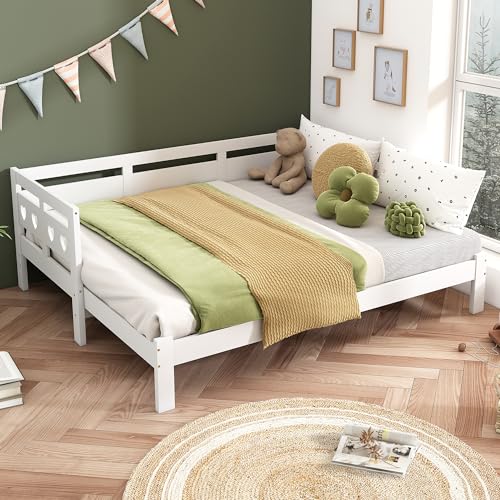 Merax Tagesbett Kinderbett 90x190 cm, Funktionsbett Gästebett aus Massivholz, Holzbett mit Lattenrost & Rausfallschutz, Ausziehbett Einzel und...