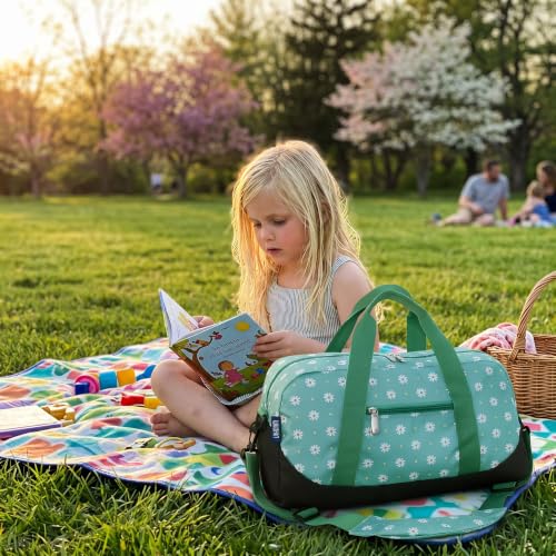 Image of Wildkin Overnighter Duffel Bag for Kids, Daisy | 18 x 9 x 9 in travel duffel with roomy main compartment, exterior zip pocket and removable padded shoulder strap.