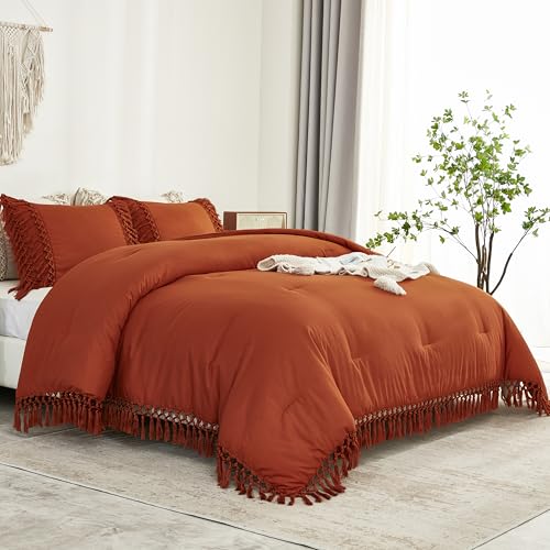 Image of Andency Comforter Full Size Set Burnt Orange, Boho Terracotta Lightweight Vintage Soft Bedding Comforter Sets, 3 Pieces Rust Bed Set (79x90In Comforter & 2 Pillowcases)