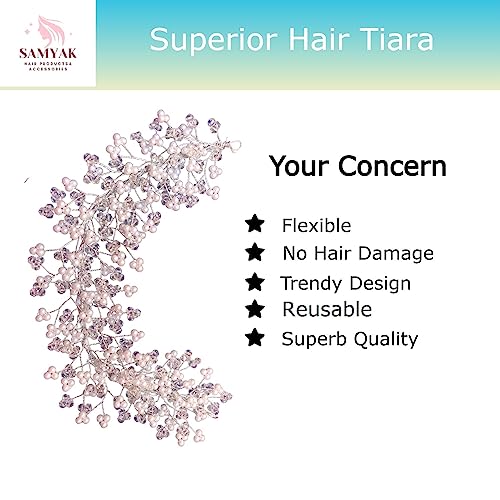 Image of Samyak Crystal Pearl Hair Vine Tiara Headband Headdress Hair Jewellery /Hair pin /Bun Clip For Bridal Wedding Functions Bridesmaid (Royal Silver)