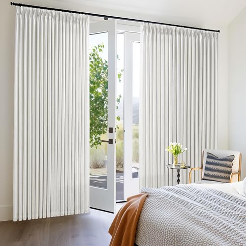 Image of 102 Inch Long Curtains 70 Inch Width Pinch Pleat Linen Curtains Ivory | Extra Wide, Living Room, Light Filtering, Privacy, Pleated, Hooks Rings, Back Tab, Sliding Door, 1 Panel, 70x102, Birch