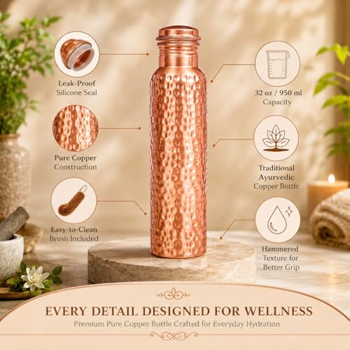 Image of 100% Pure Copper Water bottle 32 Oz with Cleaning brush, Hammered Design | Drink More Water, Lower Your Sugar Intake And Enjoy the Health Benefits Immediately (1 Brush +3Bottle)