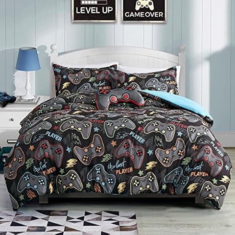 WPM WORLD PRODUCTS MART Gaming Twin Size Comforter Set Blue Grey Color for Gamer Video Games Player 4 Piece Bedding, Plush Controller Pillow, Fitted Sheet and Pillow sham Included (Twin) Cover