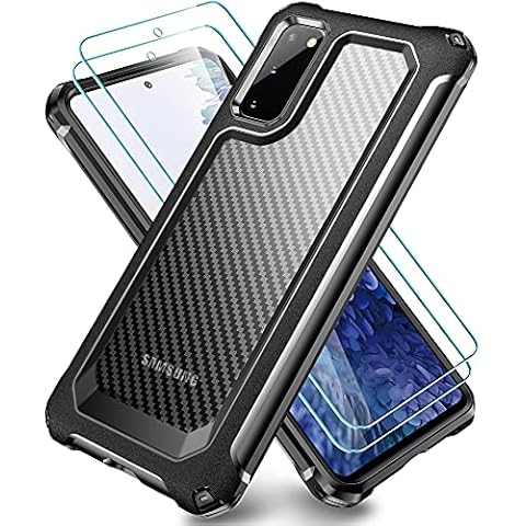Galaxy S20 Case, SUPBEC Slim Carbon Fiber Shockproof Protective Cover with Screen Protector [x2] [Military Grade Drop Protection] [Anti Scratch&Fingerprint], Samsung S20 Case, 6.2", Black Cover