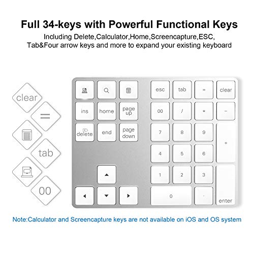 Cateck Bluetooth Numeric Keypad, Aluminum Wireless Bluetooth 34-Key Number pad with Multiple Shortcuts for Computer Laptop Windows Surface Pro Apple iMac iPad Android Tablet Smartphone- Silver - Thumbnail 3