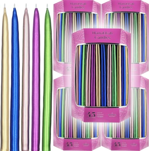 The Dreidel Company 45 Metallic Hanukkah Frosted Premium Tapered Hand Decorated Chanuka Candles (Multicolor Metallic) (10-Pack)