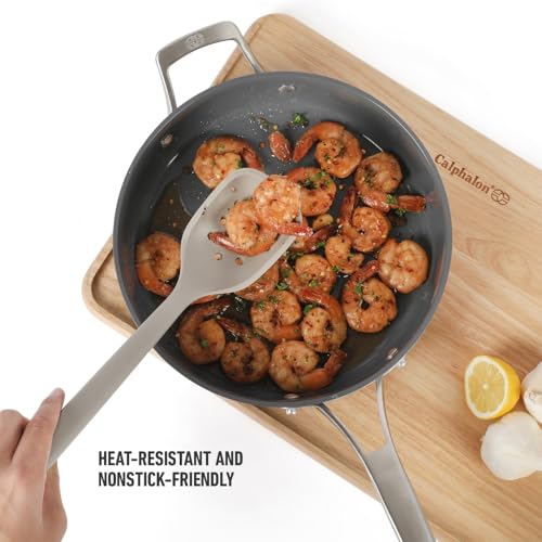 Image of Calphalon Edge Silicone Slotted Spoon /Skimmer, Flexible Heat-Resistant Kitchen Strainer Spoon for Cooking, Frying, Skimming, Draining & Serving, Taupe