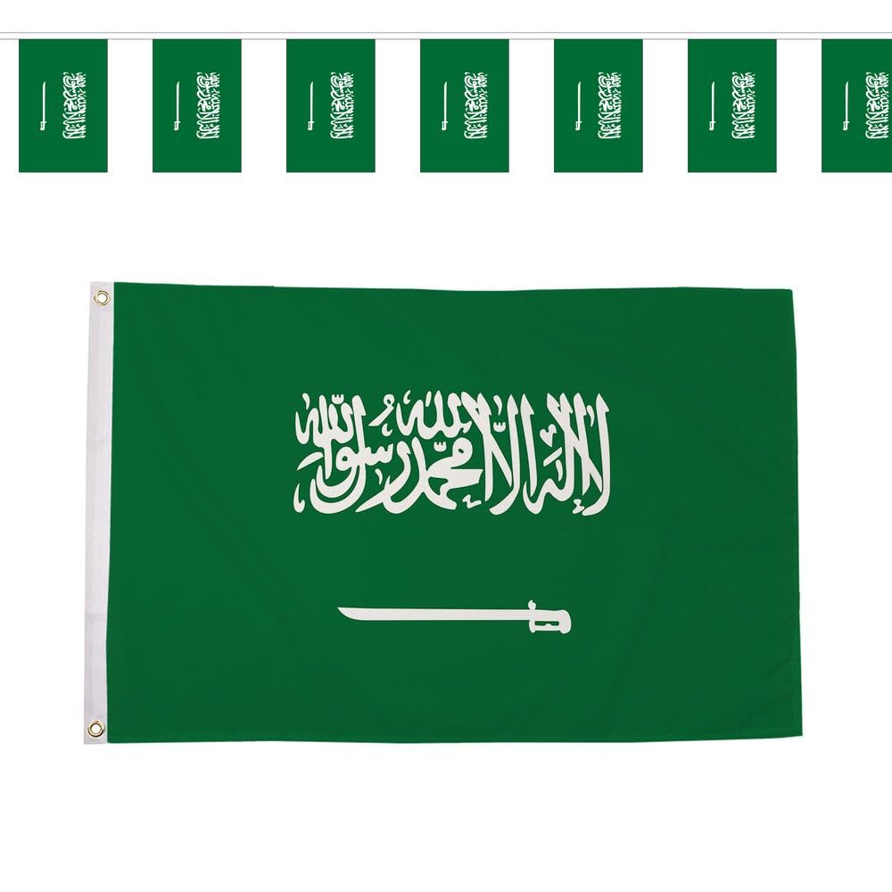 Flagtex Saudi Arabia Green Falcons World Cup 2026 Large Team Bundle Includes 8ft x 5ft Premium Polyester Flag and 9m Rectangle Bunting Football Fan Pack Indoor Outdoor Decoration
