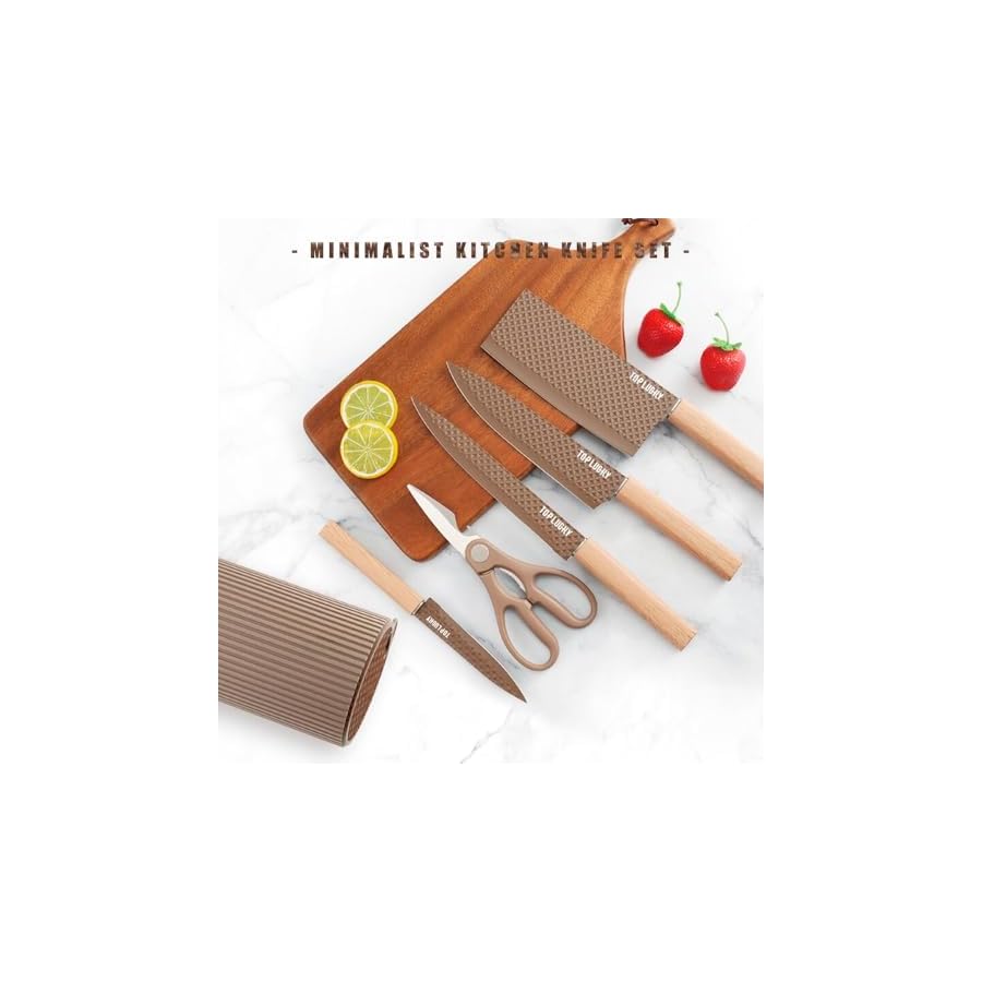 Knife Set, 6-Piece Coffee Kitchen Knife Set with Universal Knife Block, Super Sharp Knife Set with Ergonomical Handle, Non-stick Anti-Rust Stainless Steel Professional Knife Block Set