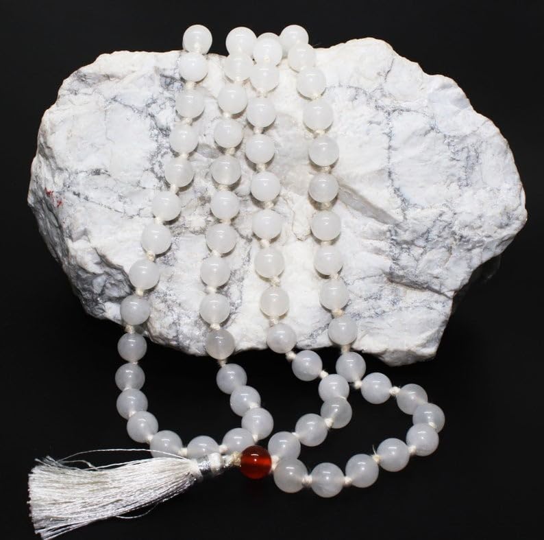 Collar Mala 108 con piedra lunar blanca AAA natural | Collar Mala con cuentas de 10 mm y oración 108 | Pulsera Mala anudada a mano | Japa Mala | Cuentas Redondas| Borla de meditación