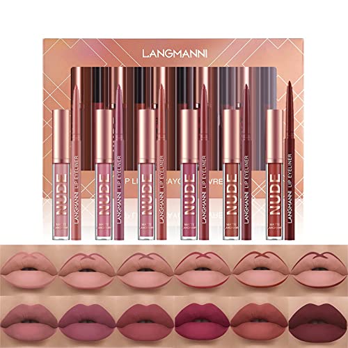 SUMEITANG 12Pcs Matte Liquid Lipstick + Lip Liner Pencils Set, 6 Velvety Nude Lips Gloss + 6 Matching Lip Liner Gift Kits Waterproof Long Lasting for Girls & Women Lip Make up