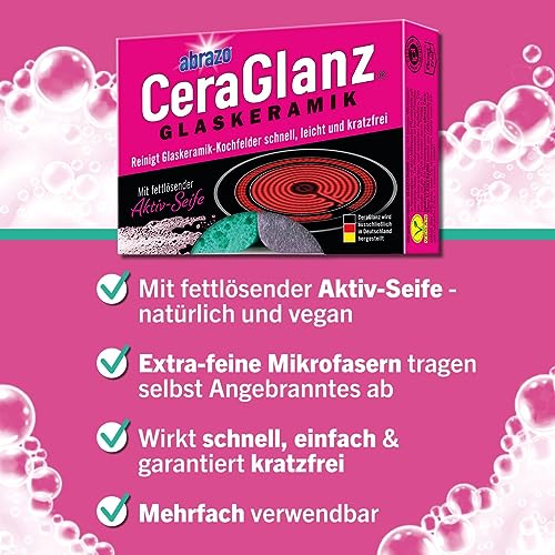 abrazo CeraGlanz Glaskeramik - 2 Glaskeramikfeldreiniger, antibakterieller Glaskeramik Reiniger, Glaskeramikfeld Reiniger, Herdreiniger, Herd kratzfrei reinigen