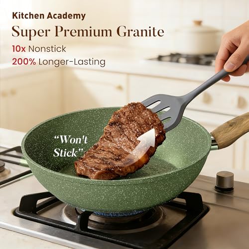 Image of Kitchen Academy Non Toxic Pots and Pans Set Non Stick, Sage Green Cookware | 12 Piece Induction Cookware Sets, Granite Nonstick Cooking Pot and Pan, PFOA&PFOS Free