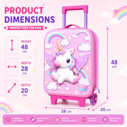 Image of PLUSPOINT Unicorn Theme Kids Trolley Bag | 16 Inch Hard Shell Cabin Luggage with Wheels & Telescopic Handle | Lightweight Travel Suitcase for Girls | School Trips, Vacations, Holidays & Weekend Travel
