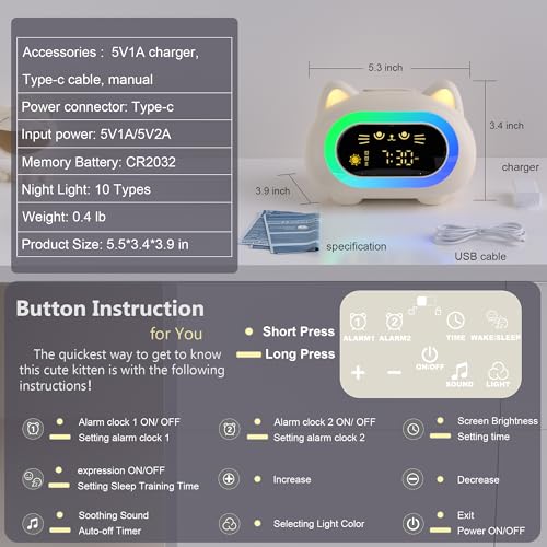 ANALOI Alarm Clock for Kids, Ok to Wake Clock for Kids Girls | Eye Protection Sleep Training Auto Off Feature 10 Night Light Dual Alarm, Kids Alarm Clock Cute Cat Gifts - image 7