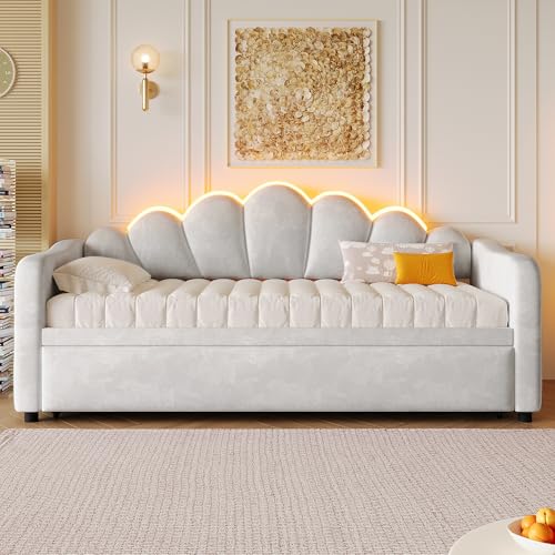 Yihomfy Canapé Lit Rembourré 90x200 cm avec Lit Gigogne et LED - Convertible, Gigogne Rabattable...