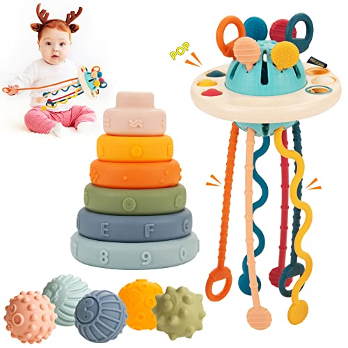 Image of 3 in 1 Baby Montessori Toys 12-18 Months, Baby Toys 6 to 12 Months, Sensory Toys for Toddlers, Silicone Pull String Activity Travel Toys, Fine Motor Skills, Toys for 1 Year Old Boy Girl Gift