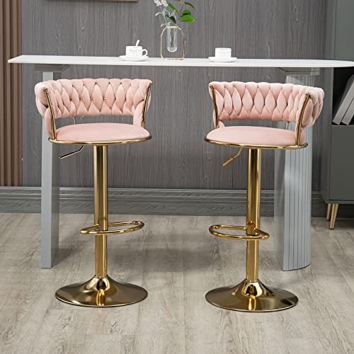 Deolme Swivel Velvet Bar Stools, Adjustable Counter Height Barstools Bar Chairs Modern Counter Stools With Back Upholstered Kitchen Island Chairs Gold Sillas Para Barra De Cocina (Pink, Set Of 3) #TOP3
