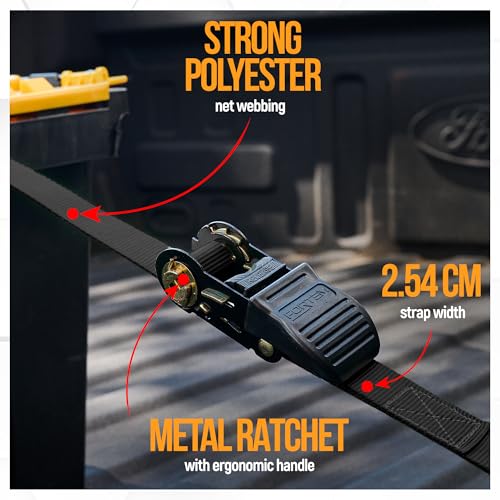 FORTEM Ratchet Straps, 748kg Break Strength, 4 Pack 4.6m x 2.54cm Tie Down Strap Set, 4 Soft Loops, Motorcycle Straps Tie Downs, Cargo Cam Buckles, Rubber Handles, Carry Bag - Image 3