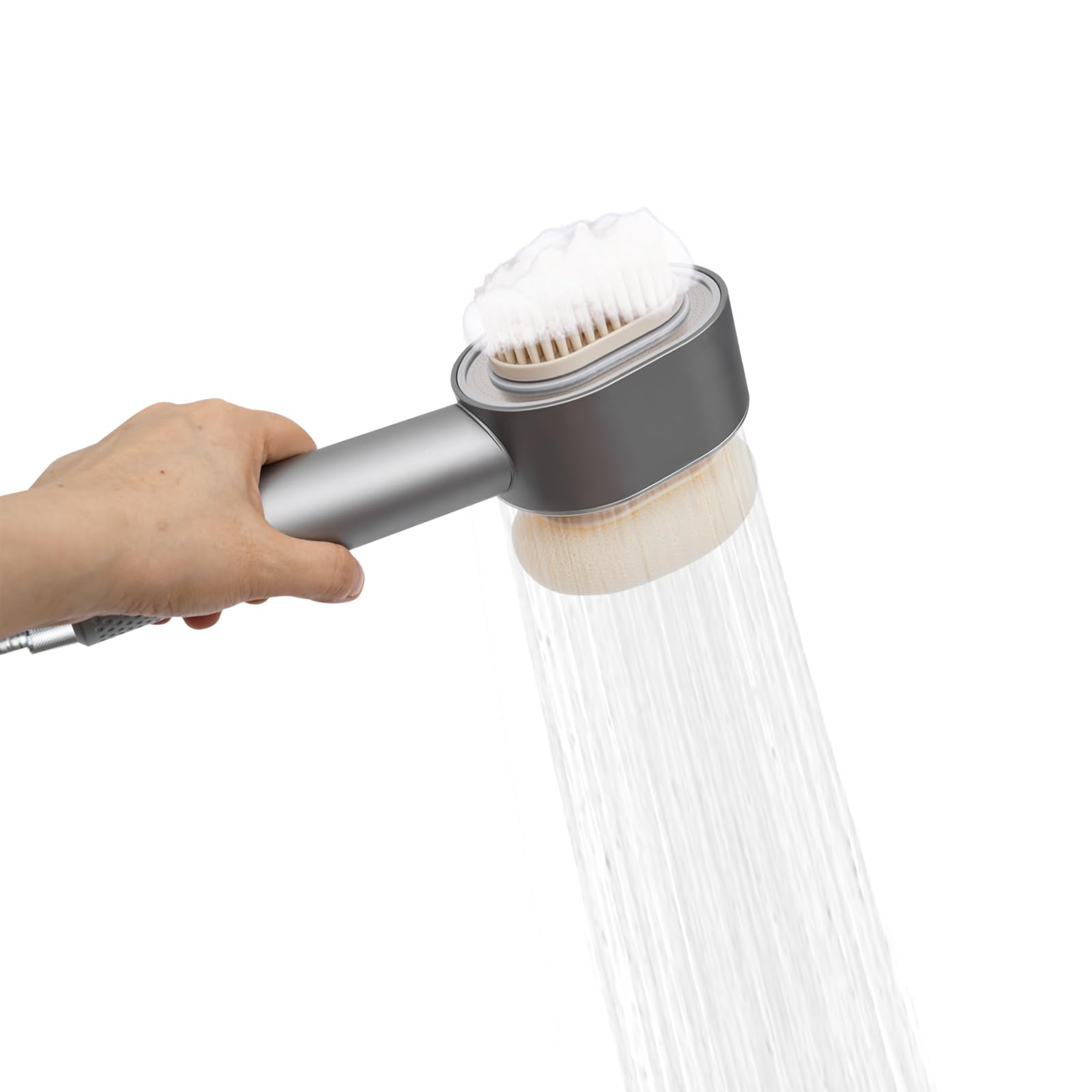 Alcachofa de ducha con filtro, ducha de mano masaje, cabezal de ducha, cepillo | Cabezal de cepillo, cabezal de esponja, filtro de carbón activo, 200 boquillas de agua, G1/2 pulgadas, ABS plateado, viaje